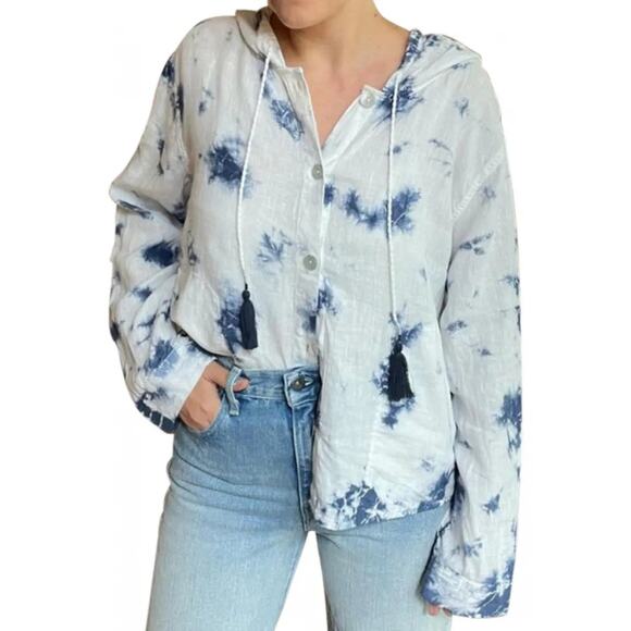 Rachel Zoe Jackets & Blazers - Rachel Zoe 100% linen blue white tie dye hoodie shacket S coastalgrandma Resort